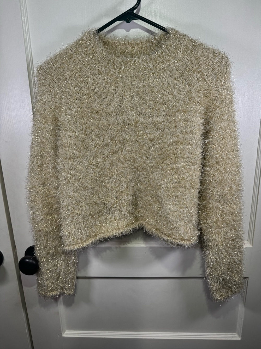 Zara Metallic Cream Fuzzy Crewneck Sweater